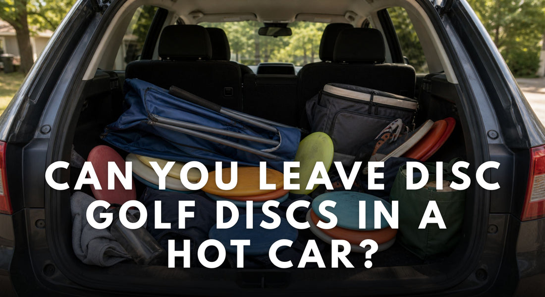 Loose disc golf discs stored improperly with other gear in a car trunk.