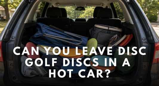 Loose disc golf discs stored improperly with other gear in a car trunk.