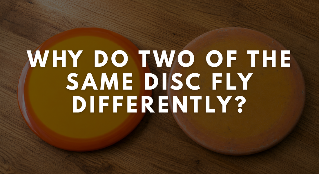 Two discs from the same mold side by side on a wooden counter, one fresh and glossy, one visibly seasoned with a softly worn rim.